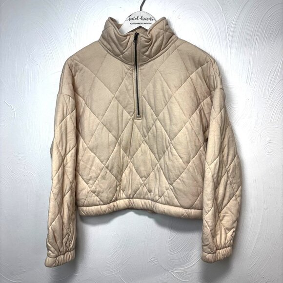 Quilted Crop Sweatshirt Beige Solid 1/2 Zip Mock Neck Pullover Long Sleeve Women - Picture 1 of 4